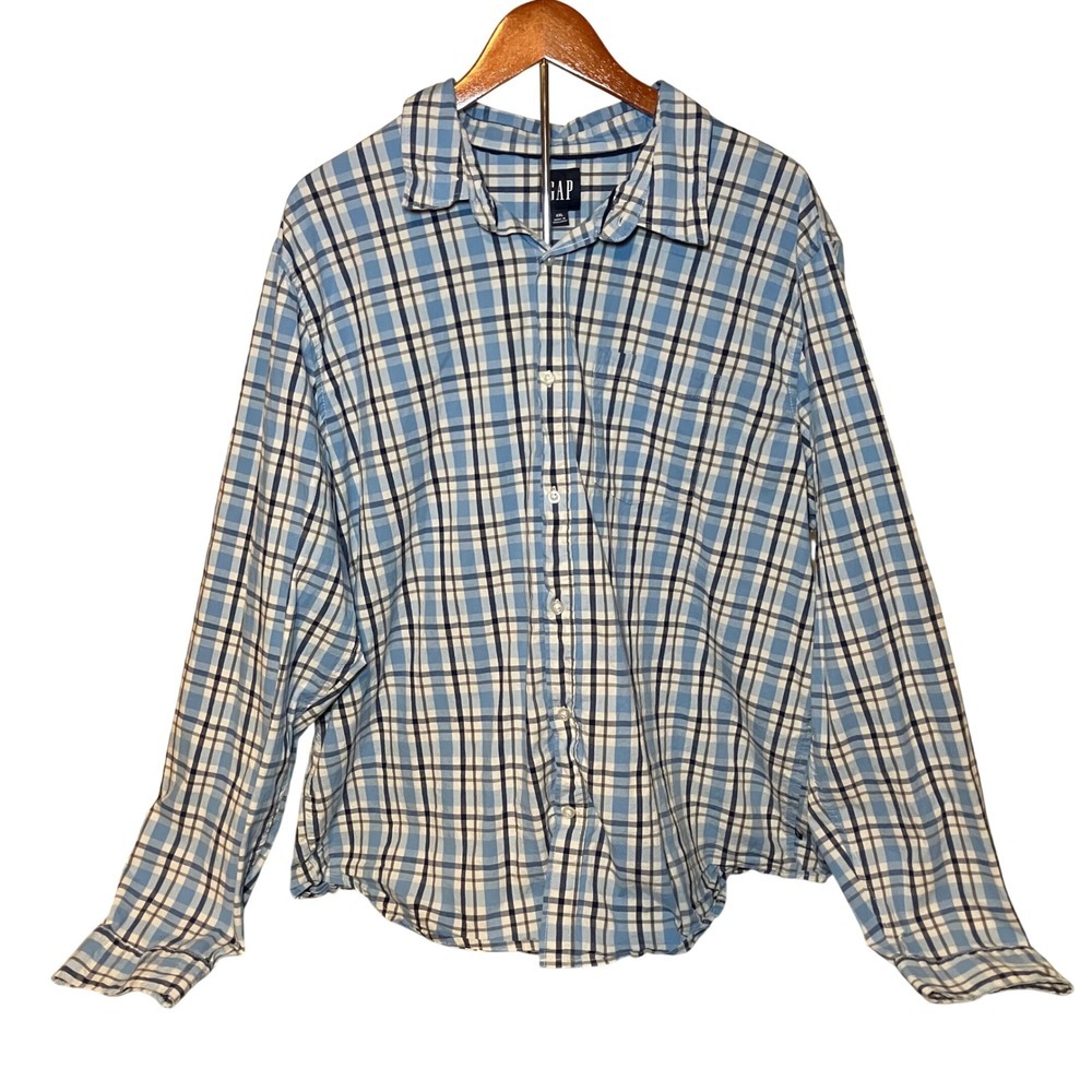 GAP Mens XXLPlaid Button Down Shirt Long Sleeve Casual Top Blue White